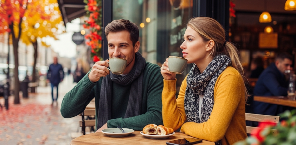 A man and a woman are sitting at an outdoor cafe table in the fall, sipping coffee.  Leaves on the ground and trees in the background are colorful with autumn foliage.