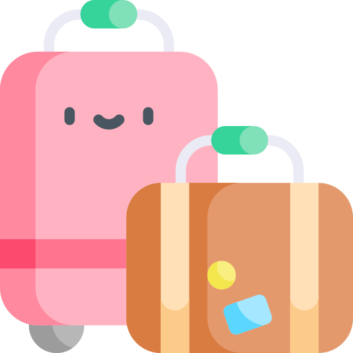 A simple cartoon icon of a pink suitcase with a face and a smaller brown suitcase.