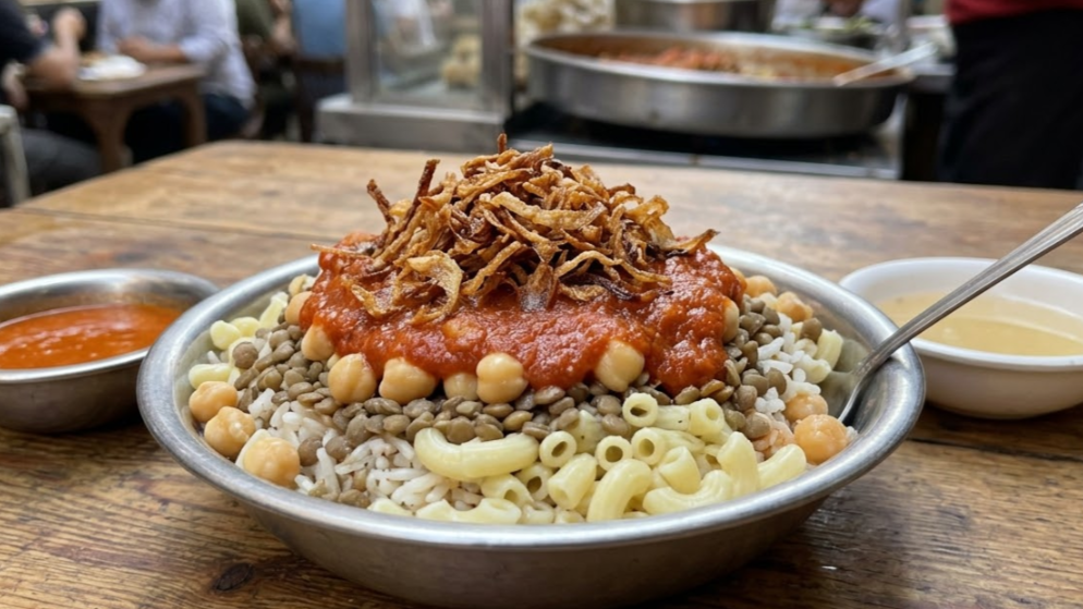 A close-up of a metal bowl filled with Koshary, topped with tomato sauce, chickpeas, and crispy fried onions, set on a rustic wooden table in a busy restaurant.