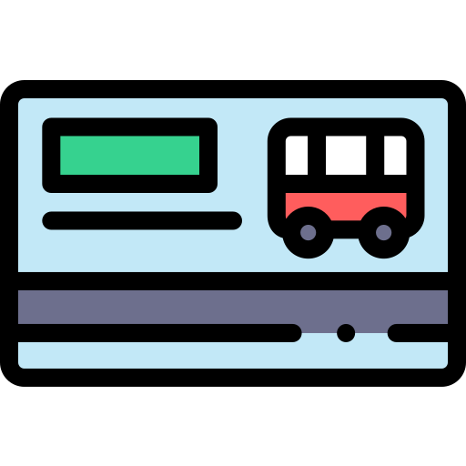 A stylized blue card featuring a red bus icon and a magnetic stripe, representing a transit pass.