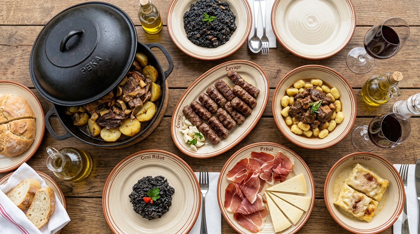 A top-down view of a wooden table spread with various Croatian dishes, including a black cast-iron peka pot with meat and potatoes, black risotto, ćevapi, pršut with cheese, and gnocchi.