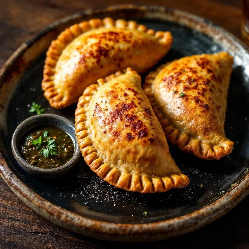 Three golden-brown baked empanadas served on a dark ceramic plate with a small bowl of green chimichurri sauce.
