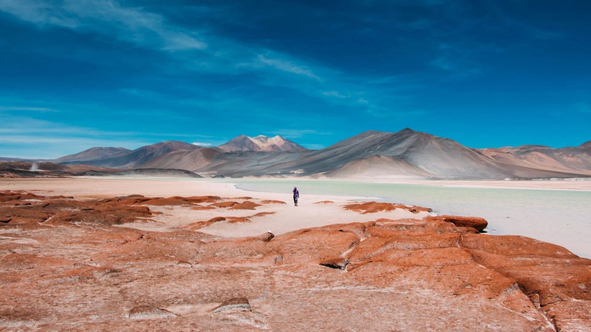 A lone person walking across a vast, red-rock desert landscape toward a pale green lagoon and distant volcanic mountains.