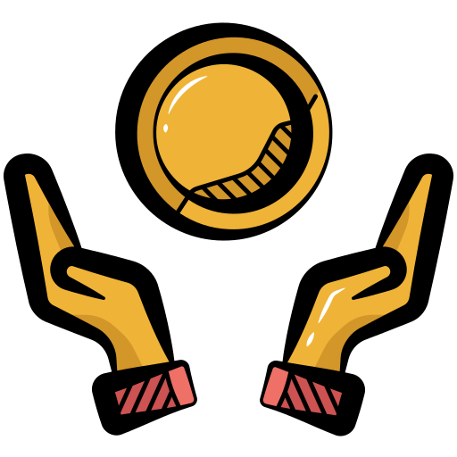 A simple cartoon icon of hands holding up a coin.