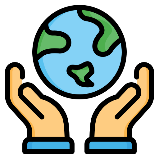 A stylized cartoon icon showing two open hands gently cradling a blue and green planet Earth.