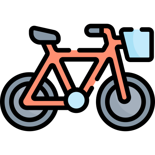 A simple red bicycle illustration with a front basket and gray wheels.