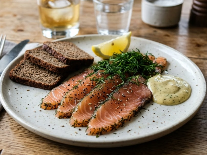 A close-up of thinly sliced Norwegian gravlaks topped with fresh dill, served on a white plate with dark rye bread, a lemon wedge, and mustard sauce on a rustic wooden table.