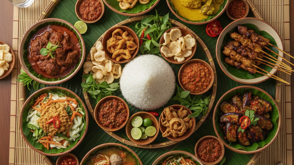 A traditional Indonesian Nasi Tumpeng feast featuring a central cone of white rice surrounded by various side dishes like satay, beef rendang, and sambal in small clay bowls.