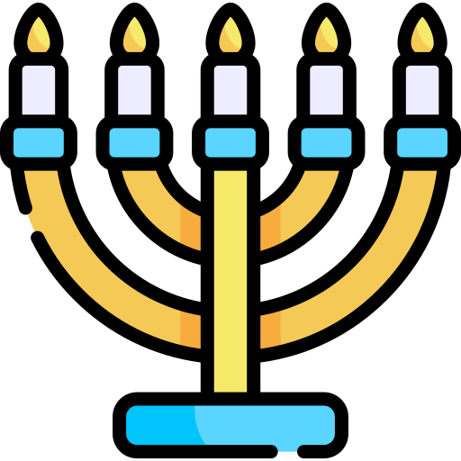 A cartoon icon of a lit Menorah that is blue and gold.