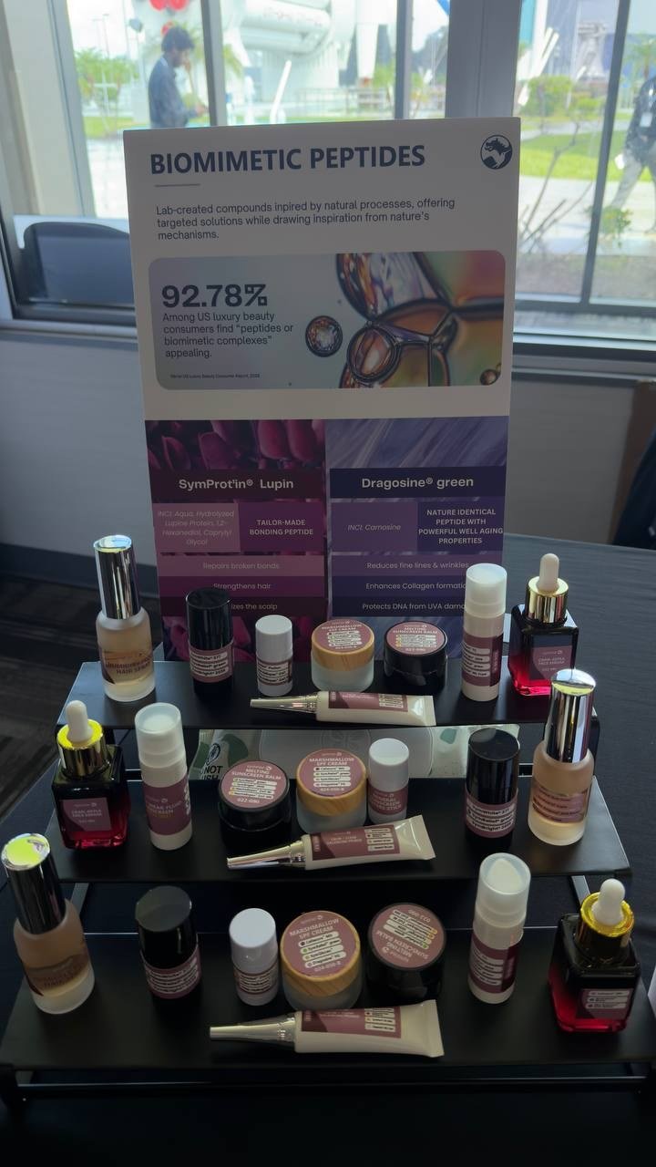 Supplier tables through lunch. Biomimetic peptides, with the claims printed next to the jars.