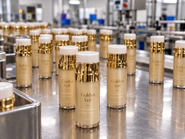 Gold airless bottles of a serum on the production line at the Vaulabs facility
