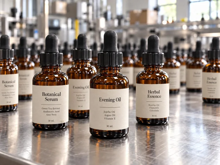 Amber dropper bottles after filling at the Vaulabs facility