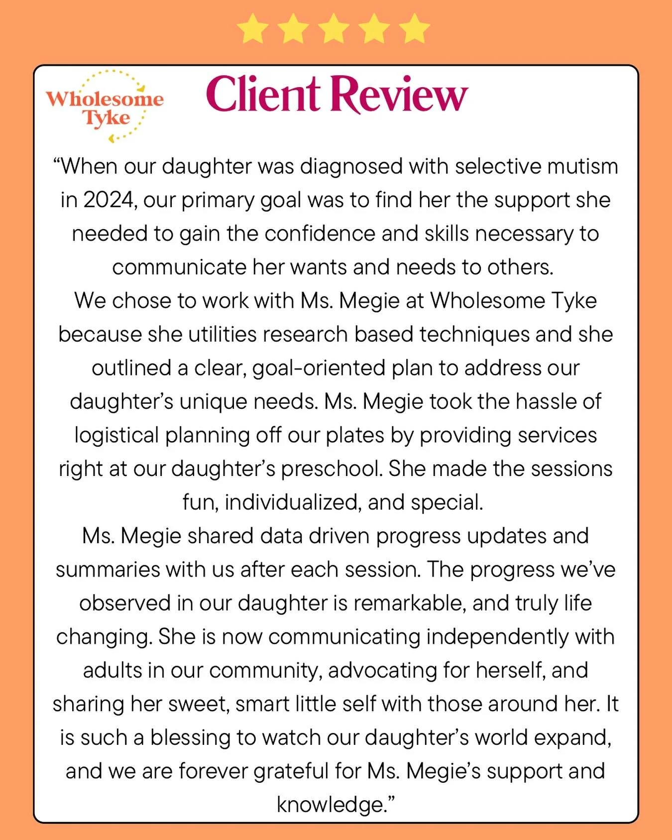 When I read this review, my eyes teared up. 🥹 
It is an honor to work with kids in my community and provide support that helps them flourish. I&rsquo;m so glad this client/family had such a positive experience. 
❤️