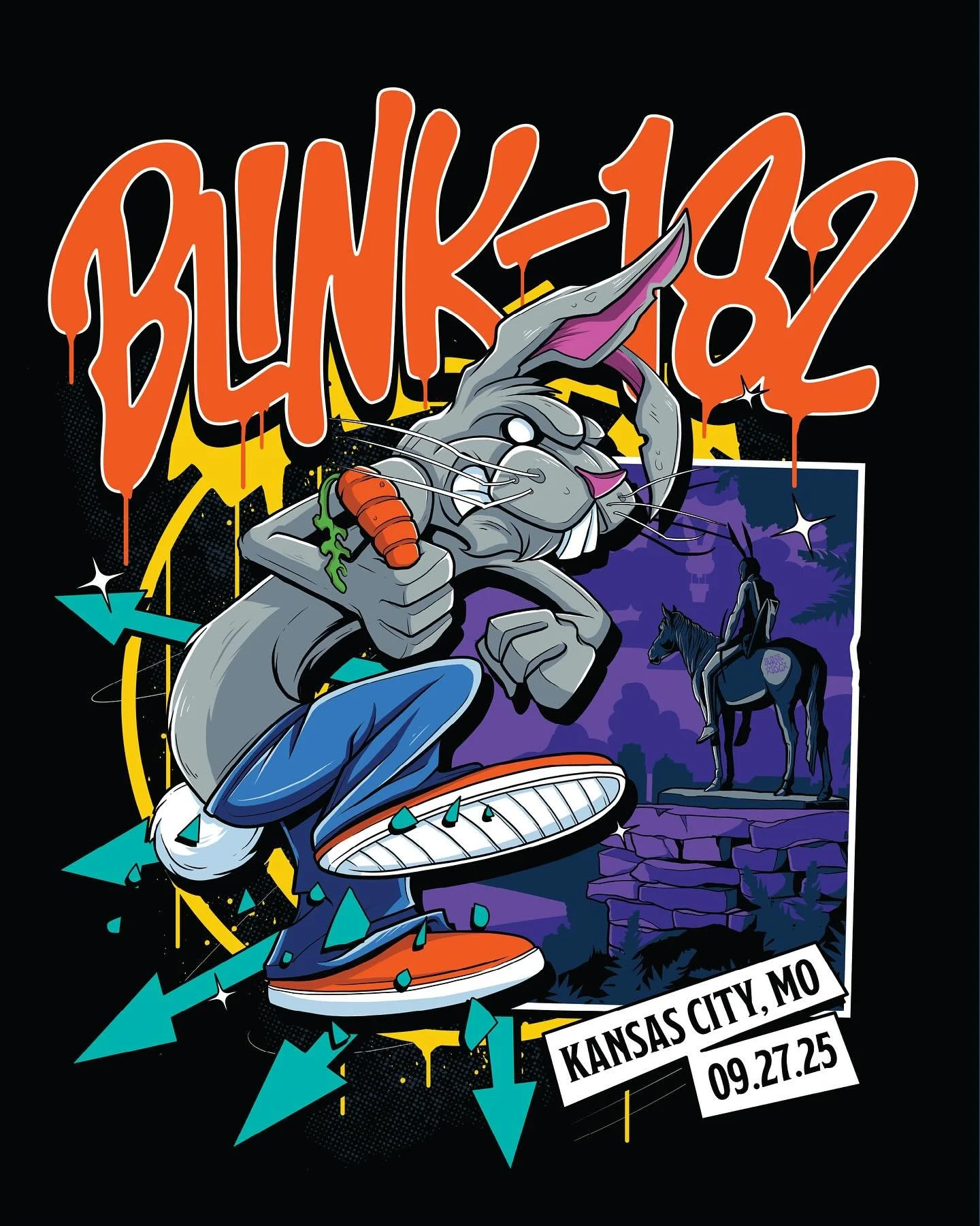 Blink-182 - Kansas city, MO

Here&rsquo;s the artwork I created for last nights show in Kansas City. I had this idea for the last tour I worked on and unfortunately the date was cancelled. Great to have another opportunity to utilise this on the Miss
