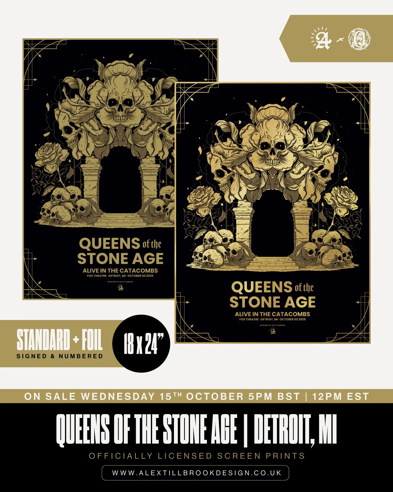 My official Queens of the Stone Age AP's will be available to purchase from my store on Wednesday 15th October - 5pm BST / 12pm EST

Gold foil prints are limited to 25
Standard prints are limited to 50

All prints signed &amp; numbered.

Link in bio!