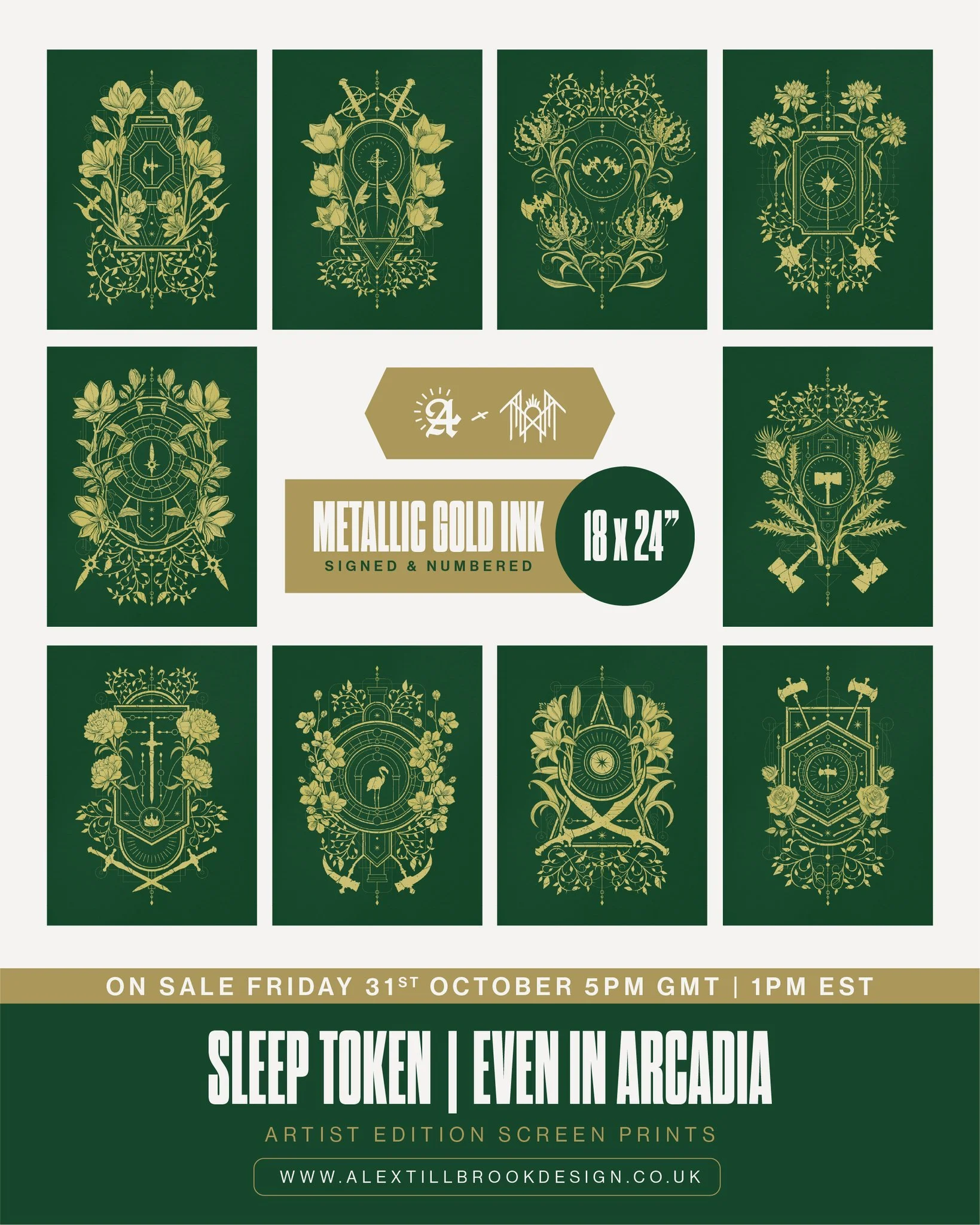 I'm excited to announce that I will be releasing a limited collection of artist edition @sleep_token 'Even In Arcadia' screen prints.

These are 18x24&quot; printed on forest green with metallic gold ink. @printsofthieves did an incredible job and I'