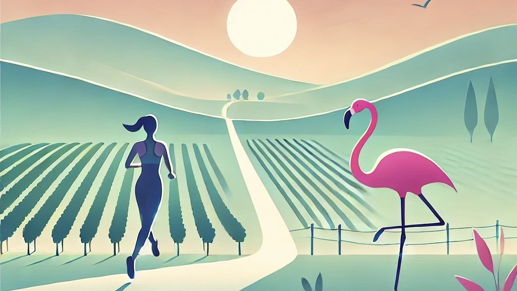 a woman running through a vineyard landscape and a pink flamingo on the right side