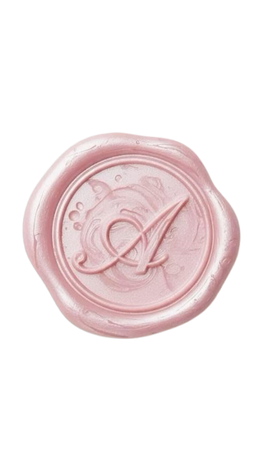Pink wax seal with a cursive letter 'A' engraved in the center.