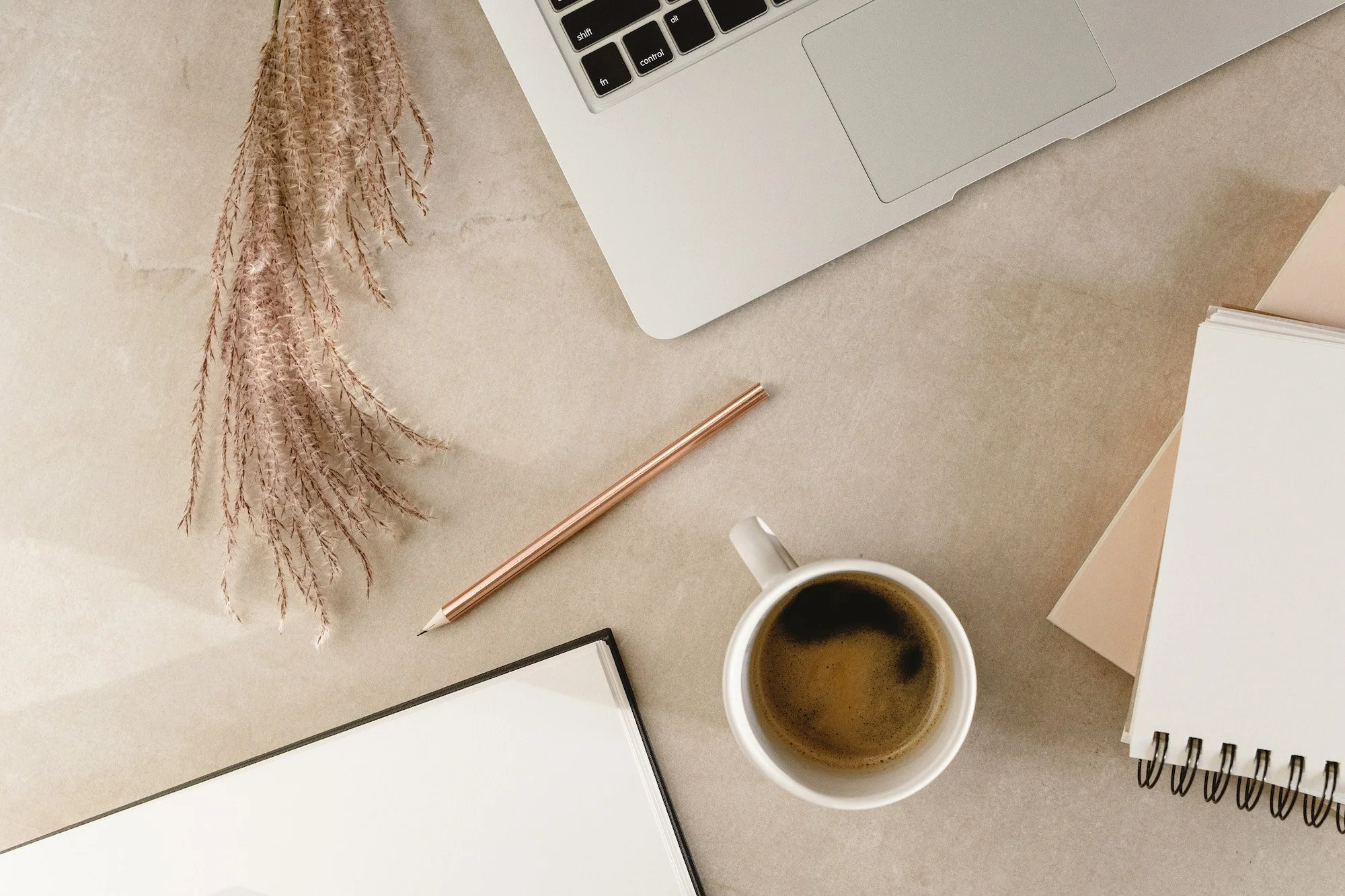 Top view of a workspace with a silver laptop, a cup of coffee, a pink pen, a notebook with a spiral binding, dried flowers, and a closed book on a beige surface.