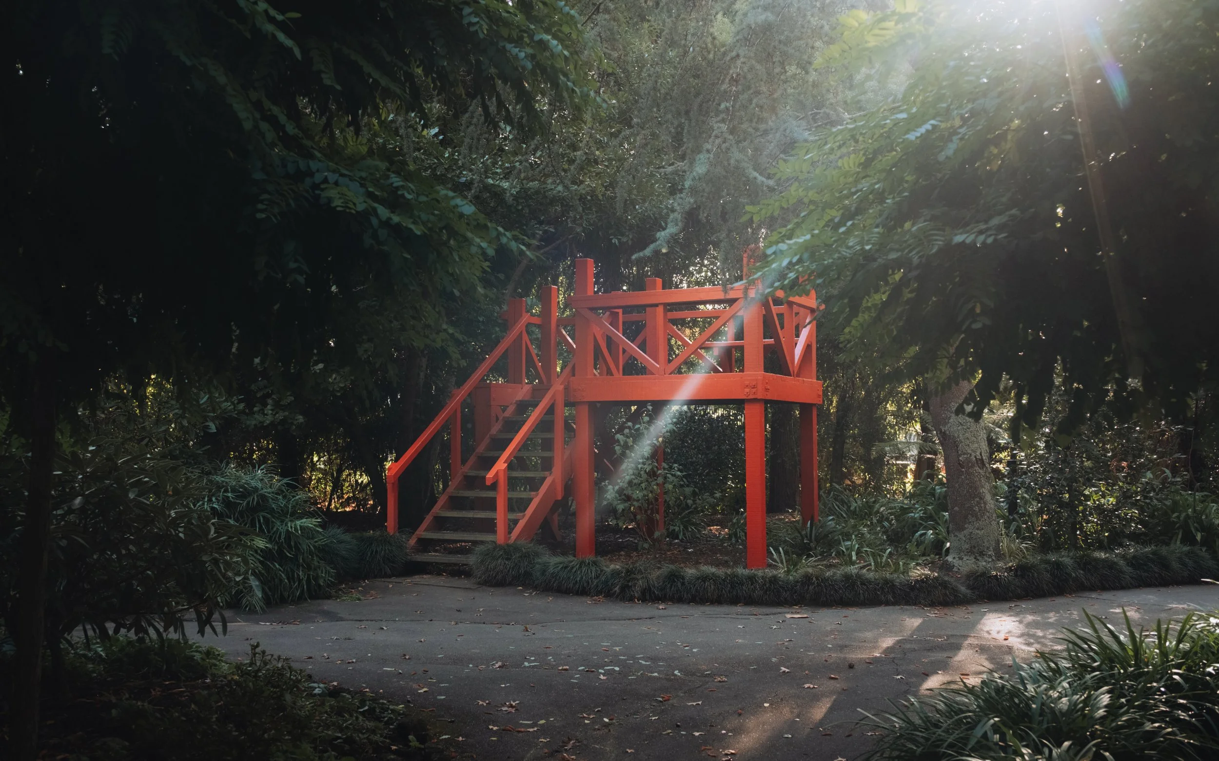 Balcon en bois rouge dans un parc entouré d'arbres et de végétation avec des rayons de soleil filtrant à travers les feuilles.