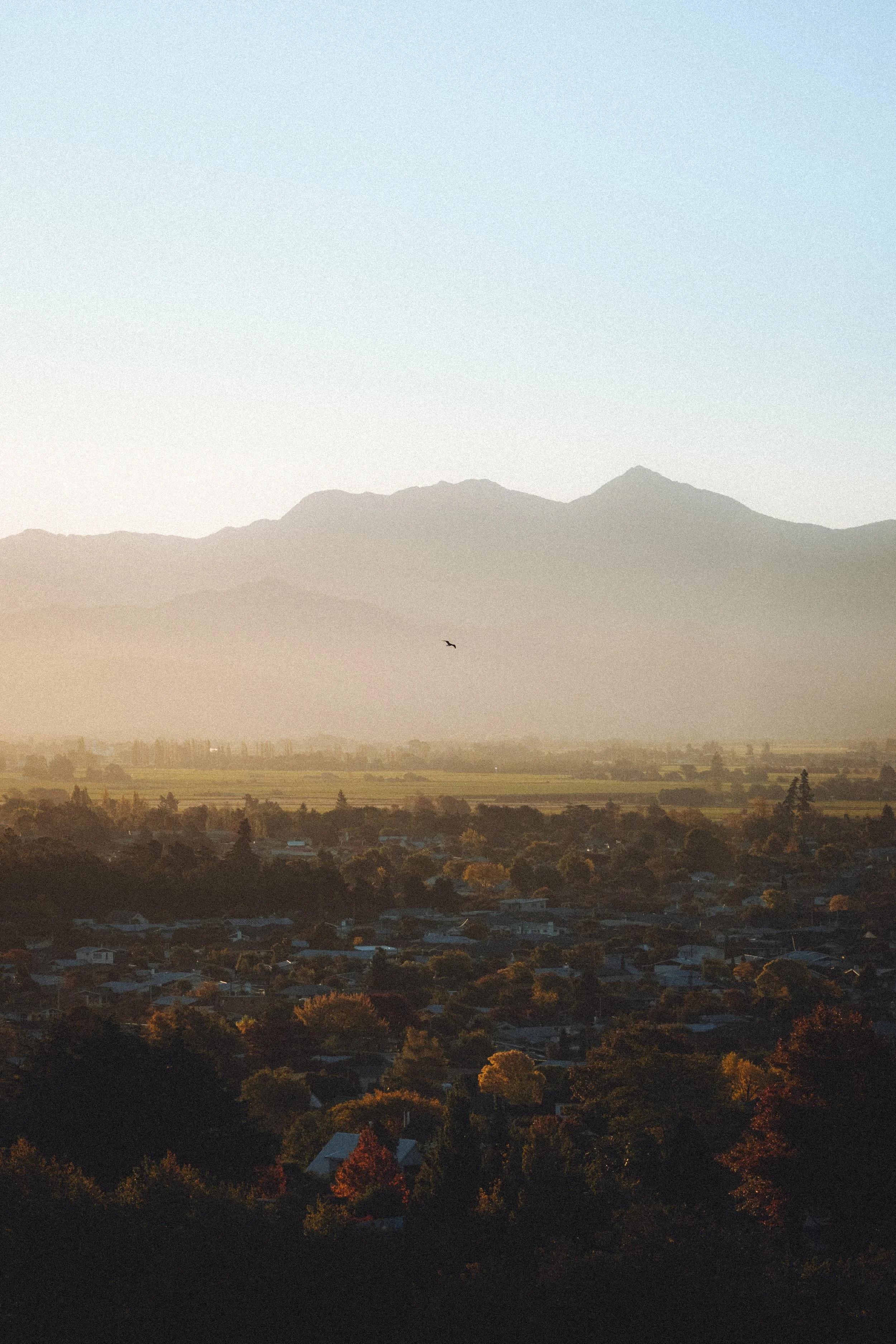 Paysage rural avec des maisons, des arbres aux couleurs d'automne, des champs verts et une chaîne de montagnes en arrière-plan sous un ciel clair.