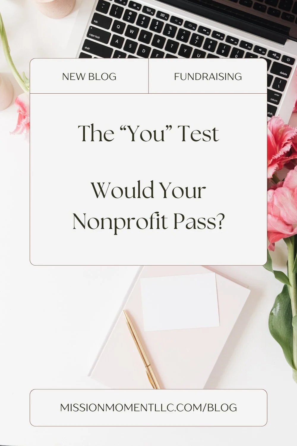 A pastel pink background features a laptop, pen, and flower. The text describes this as a new blog post about fundraising, with the words "The 'You' Test - Would Your Nonprofit Pass?" as well as the blog address of missionmomentllc.com/blog