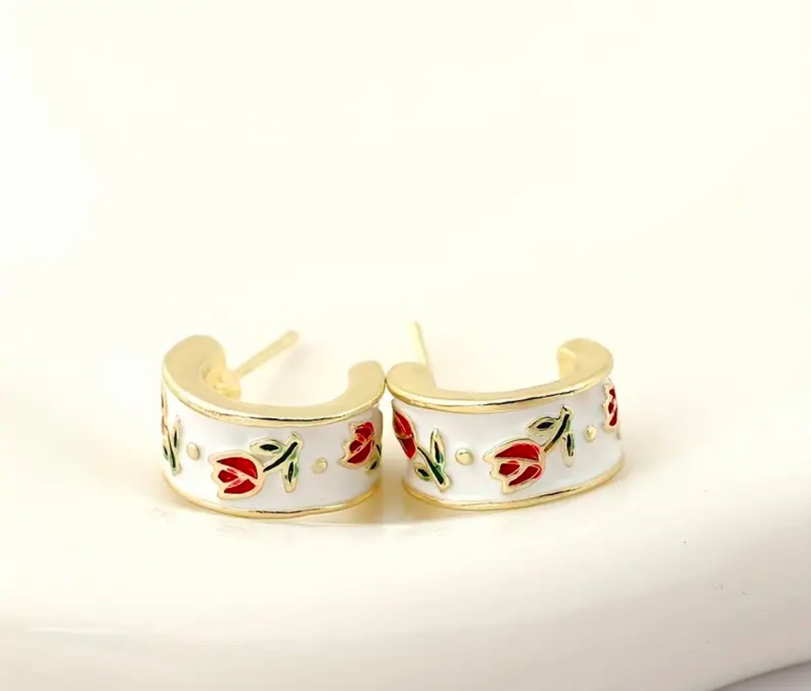 Vintage Floral Enamel Hoop Earrings