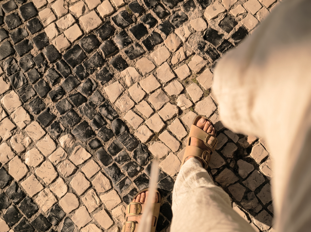 A person's feet in beige sandals walking on a cobblestone street with a mix of black and tan stones.