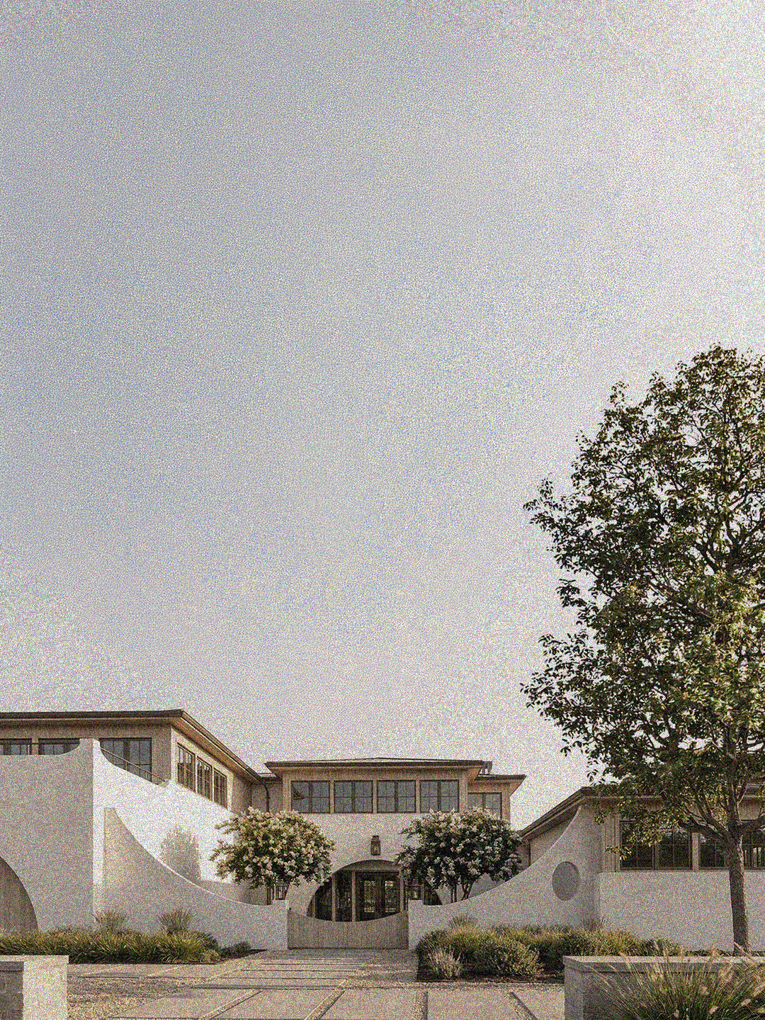 Exterior view of a modern white building with rounded architectural features, two trees with white flowers, and a paved entrance pathway.