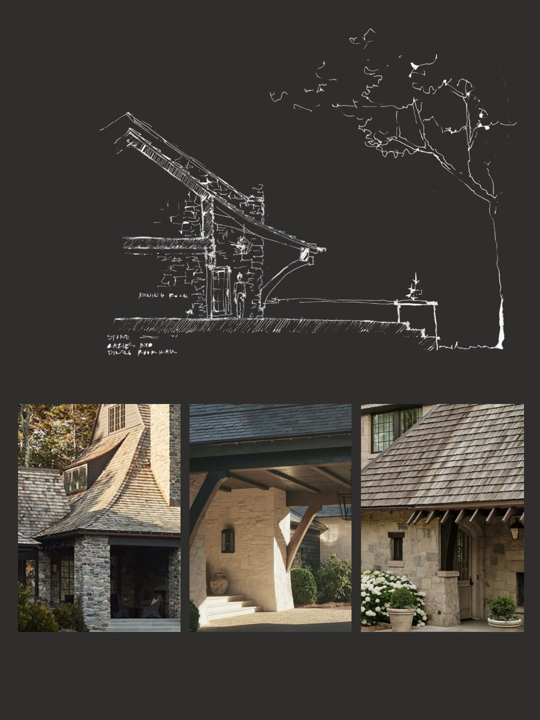 Sketch of a house with a high sloped roof and a porch, surrounded by trees, with three photographs of similar houses showing different roofing styles and materials.