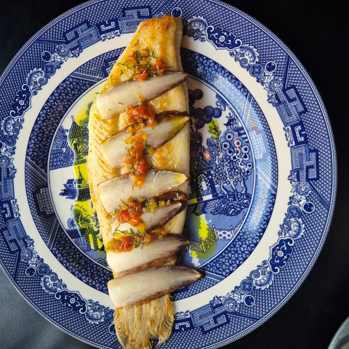 Black Sole On The Bone, Red Chicory,  Sauce Vierge.