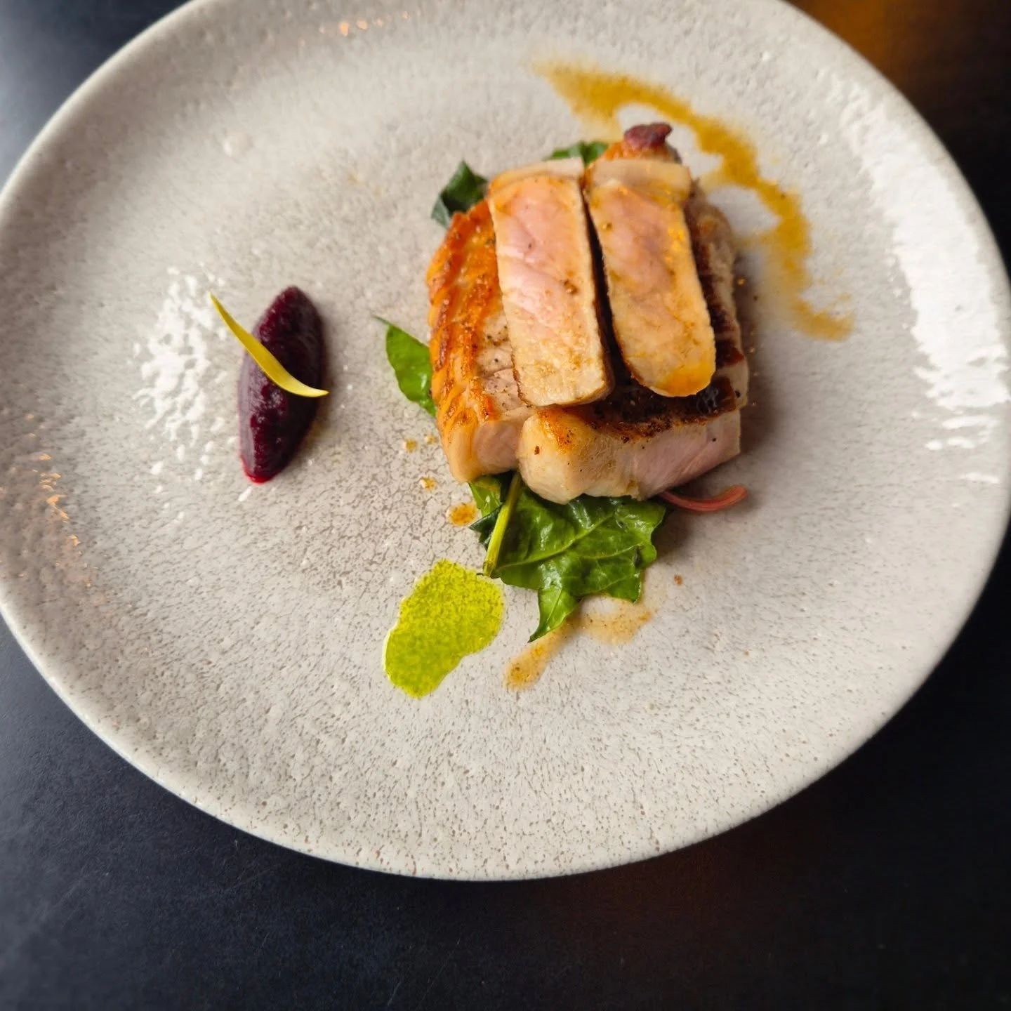 Andarl Farm pork loin. Baby Swiss chard. Beet &amp; cherry.