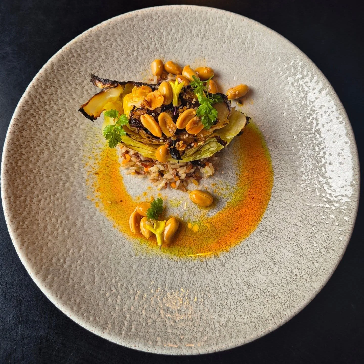 Grilled teardrop cabbage, wild rice,  peanuts.