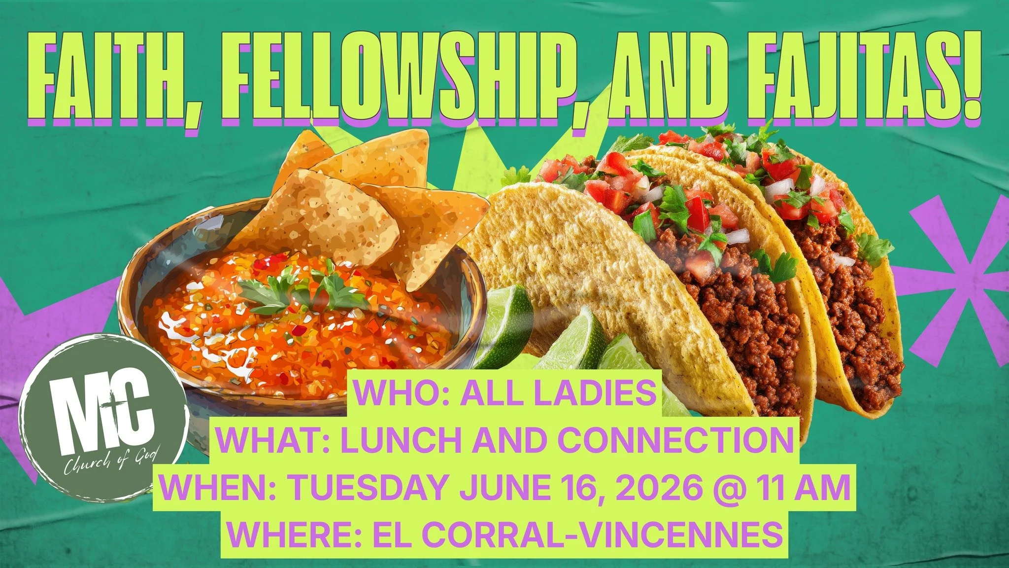 Ladies, we have had a great time the last couple Tuesday meeting. We can't wait to do it again!
Join us for a delicious Mexican lunch and a wonderful time of fellowship! Come connect with friends, meet new faces, and enjoy good food, meaningful conve