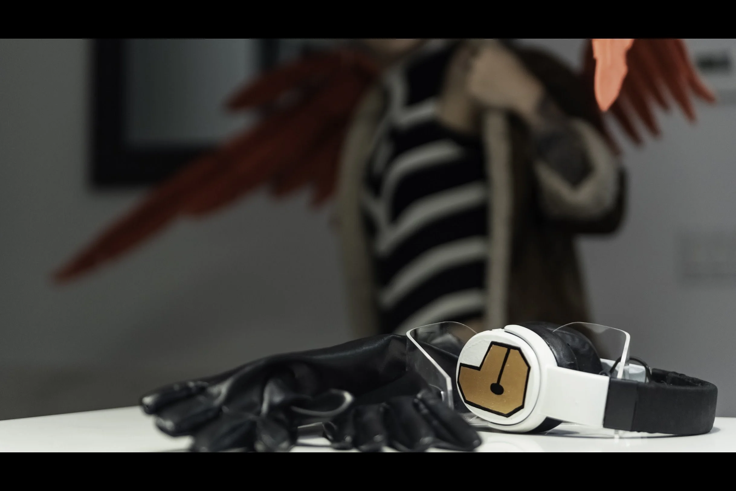 The gloves are now also on the table. In the background, Hawks is visible, out of focus.