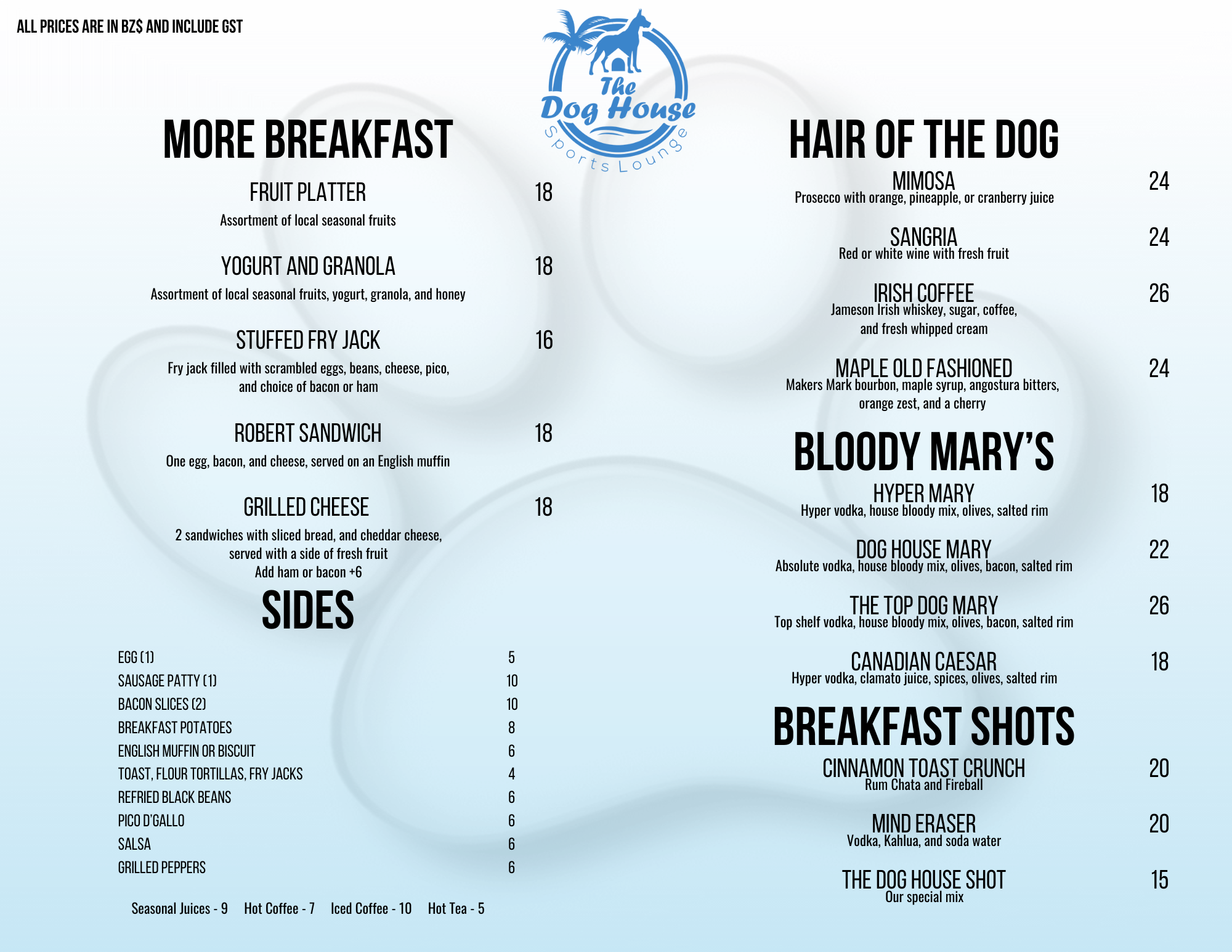 Menu from The Dog House Sports Lounge featuring breakfast options, sides, and breakfast cocktails and shots.