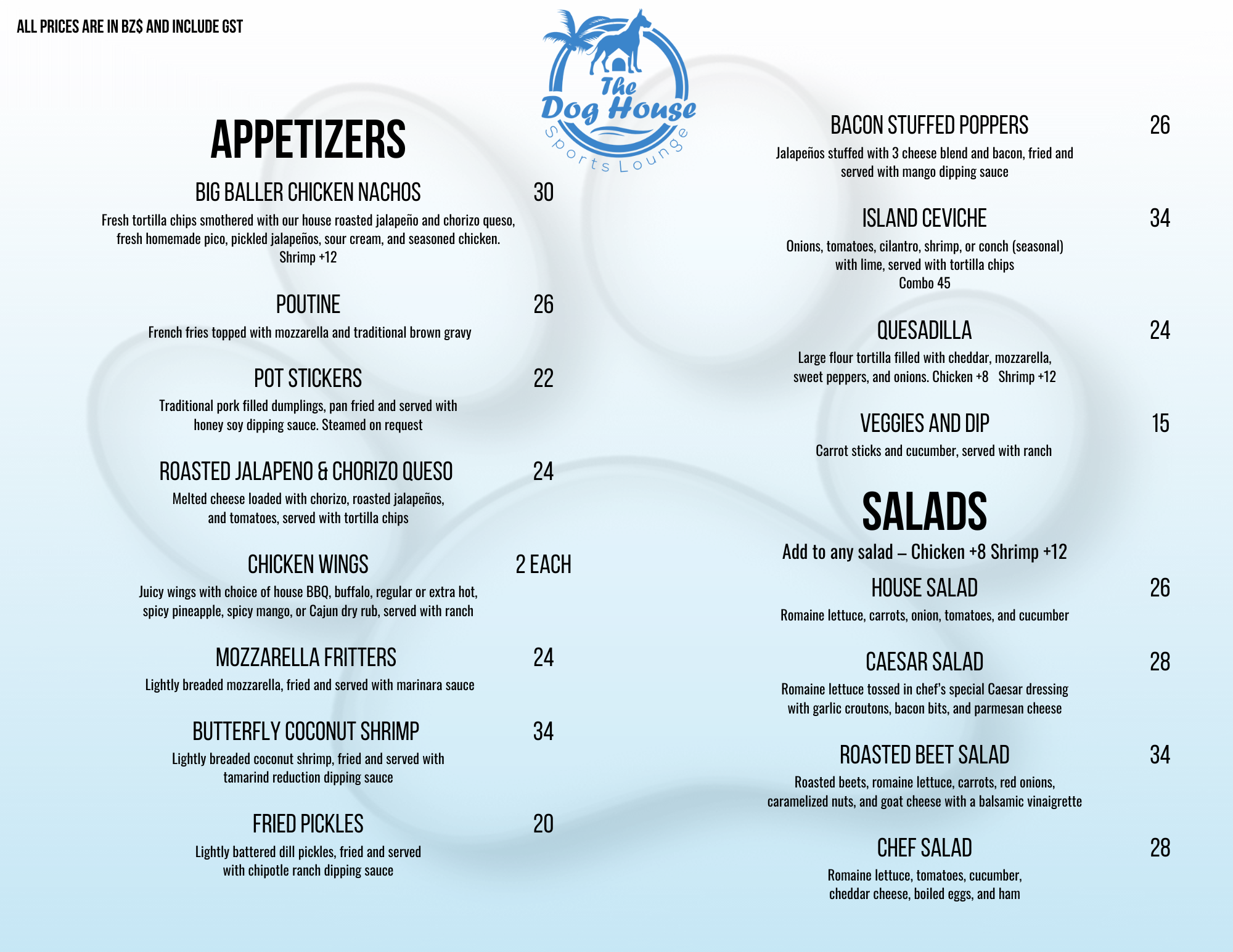 Menu for The Dog House Sports Lounge listing appetizers and salads. Appetizers include Big Baller Chicken Nachos, Poutine, Pot Stickers, Roasted Jalapeno & Chorizo Queso, Chicken Wings, Mozzarella Fritters, Butterfly Coconut Shrimp, and Fried Pickles. Salads include House Salad, Caesar Salad, Roasted Beet Salad, and Chef Salad.