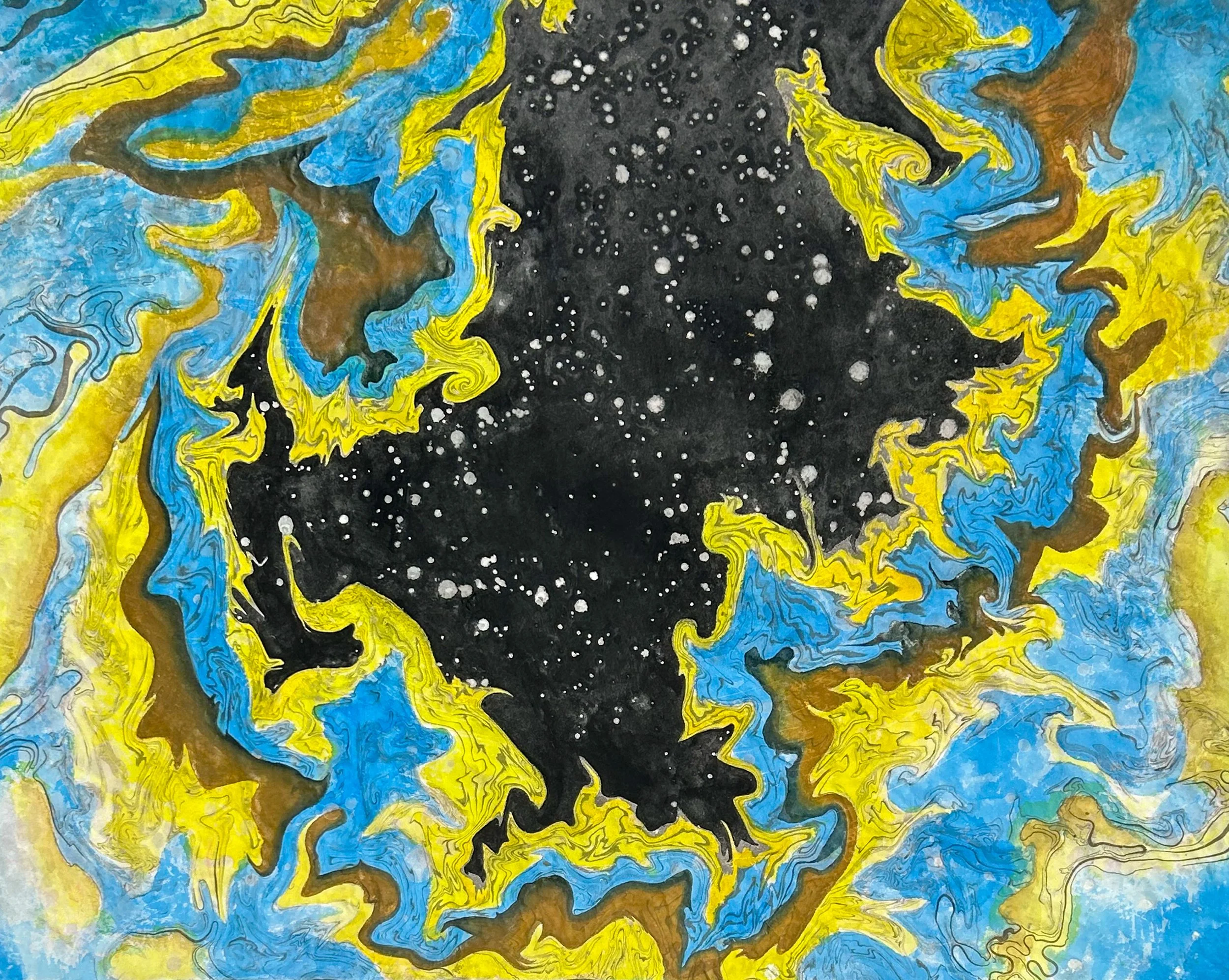 Whirlpool, Suminigashi, pochoir, and watercolor on washi paper, 2024.