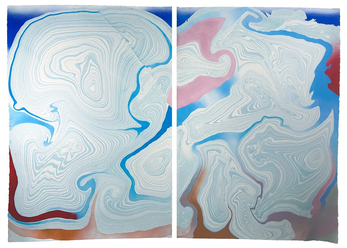 Everything Moves Like Water (Diptych), suminagashi, paint, and ink on stonehenge paper, 60 in. x 43.5 in., 2024.