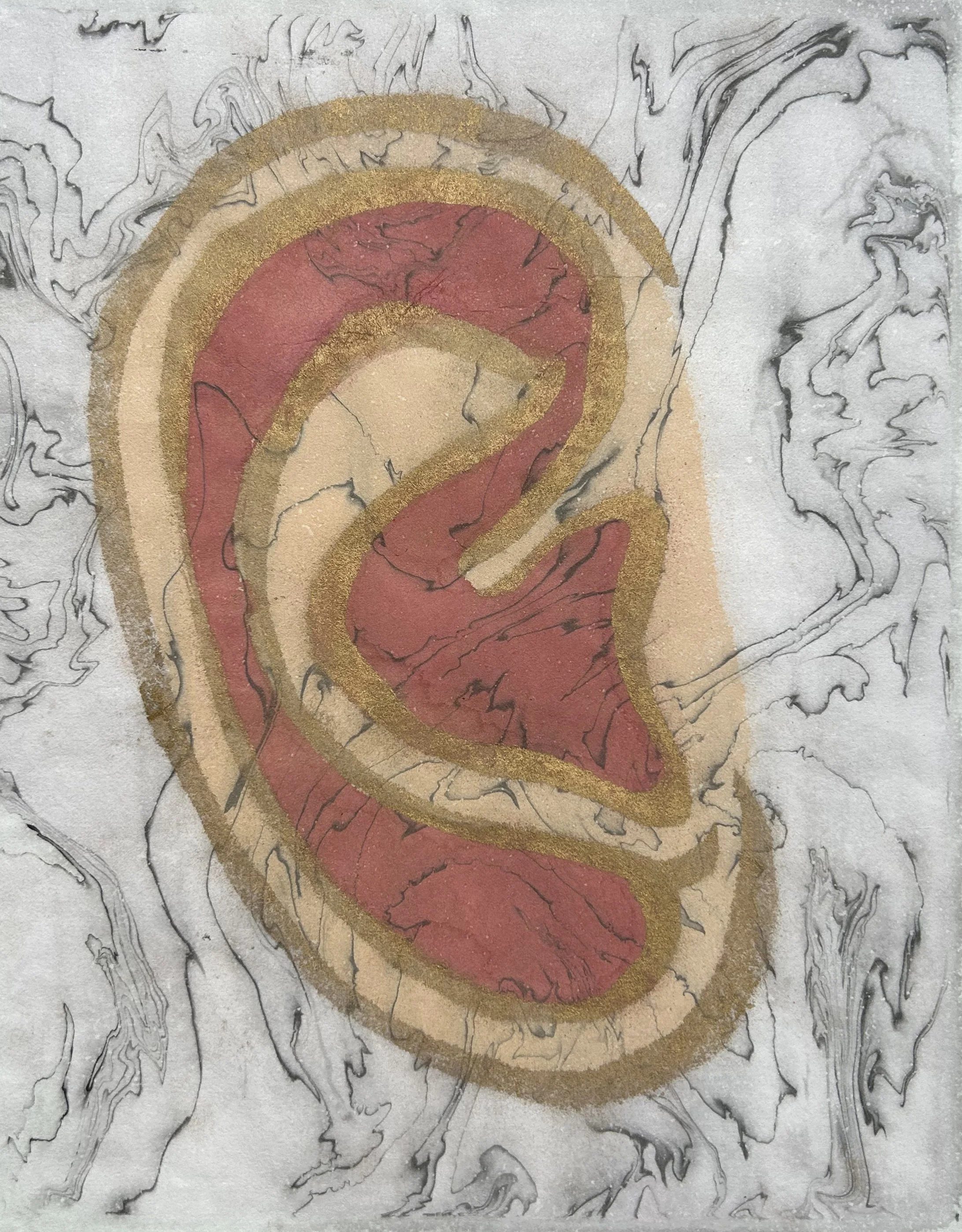 Listen, 12.75"h x 9.75" w, Pochoir and suminigashi on mulberry paper, Edition of 4, 2025