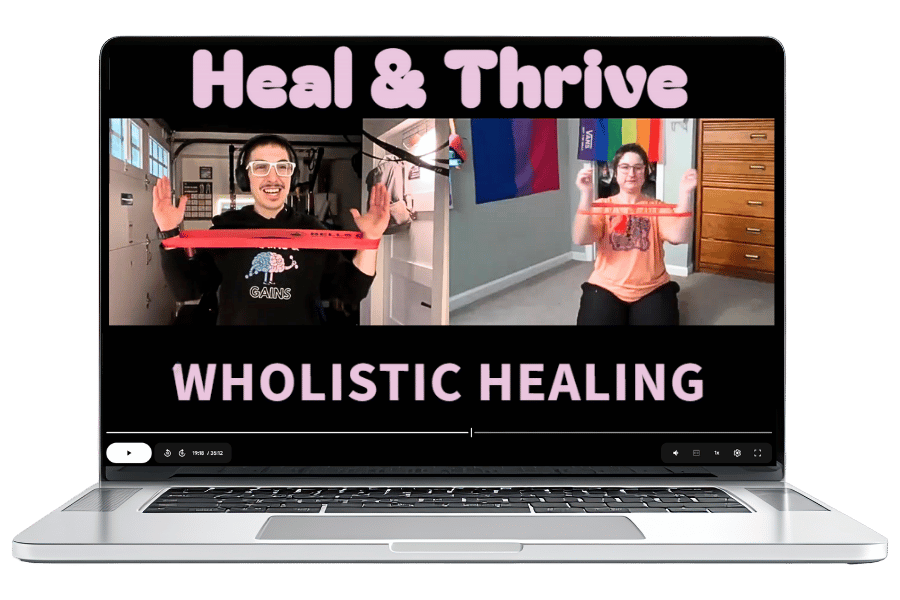 A laptop screen is split in half. On one side, Dibs demonstrates how to use an exercise band. On the other side, their client follows along with the movements.