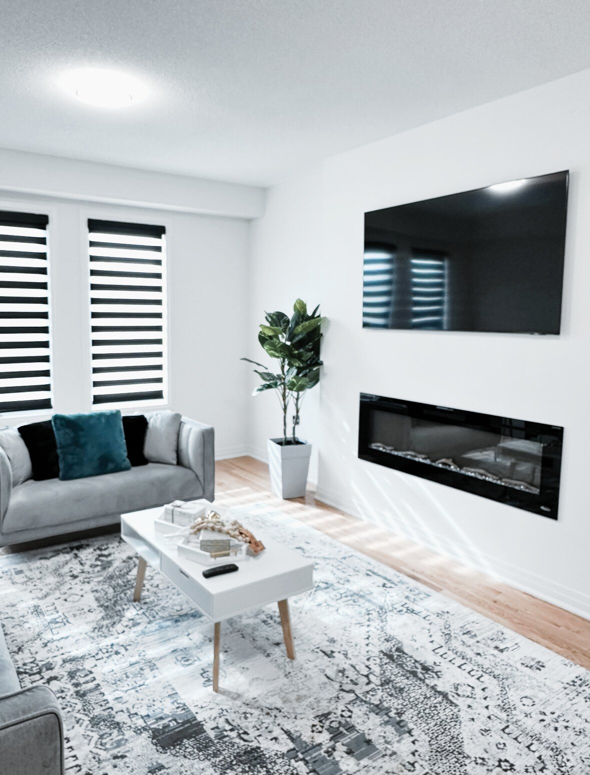 Modern living room with gray couch, white coffee table, large TV on wall, electric fireplace, potted plant, patterned rug, and windows with striped blinds.