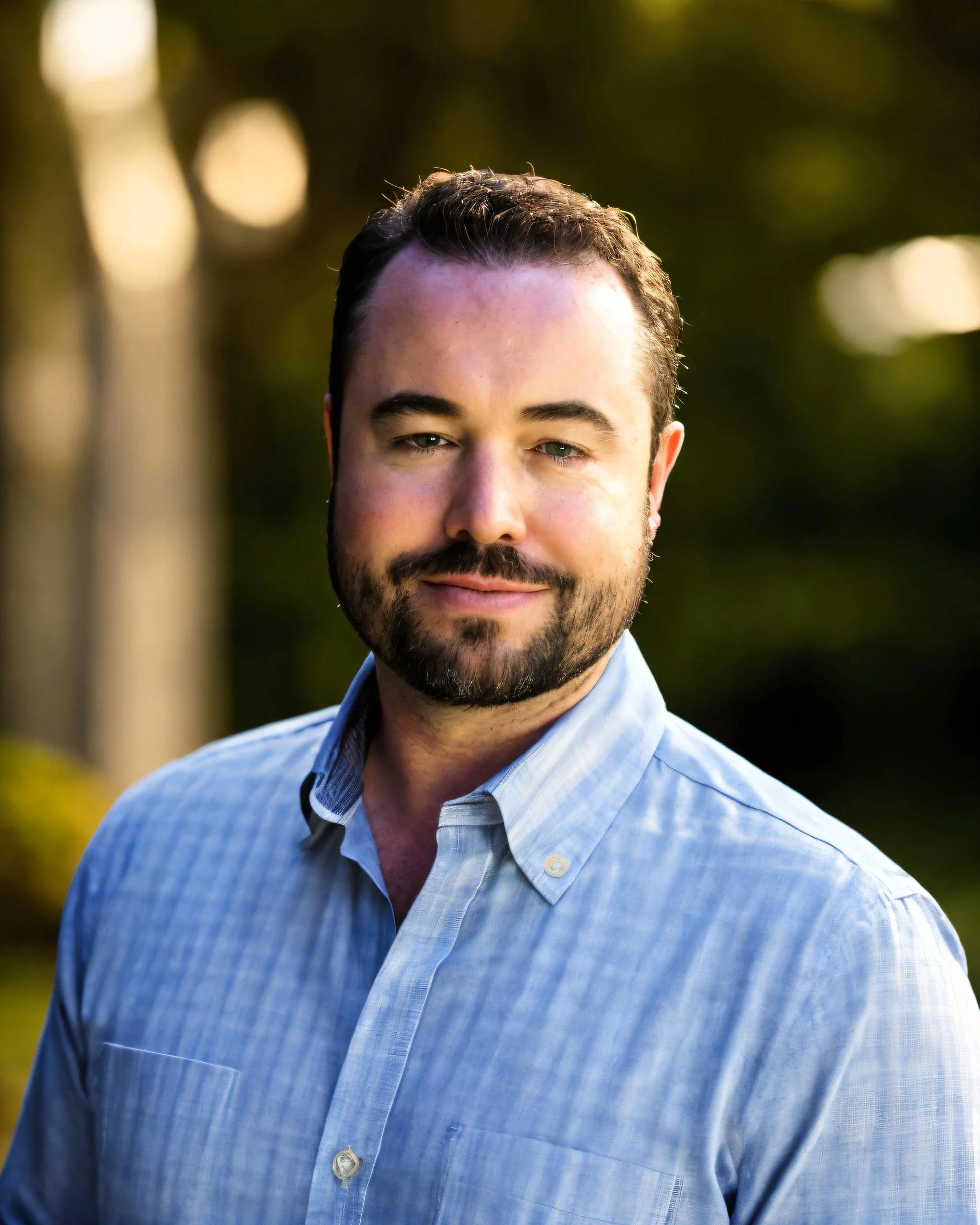 Professional portrait of a man with dark hair and beard, wearing a gray suit, light shirt, and navy tie against a plain background.