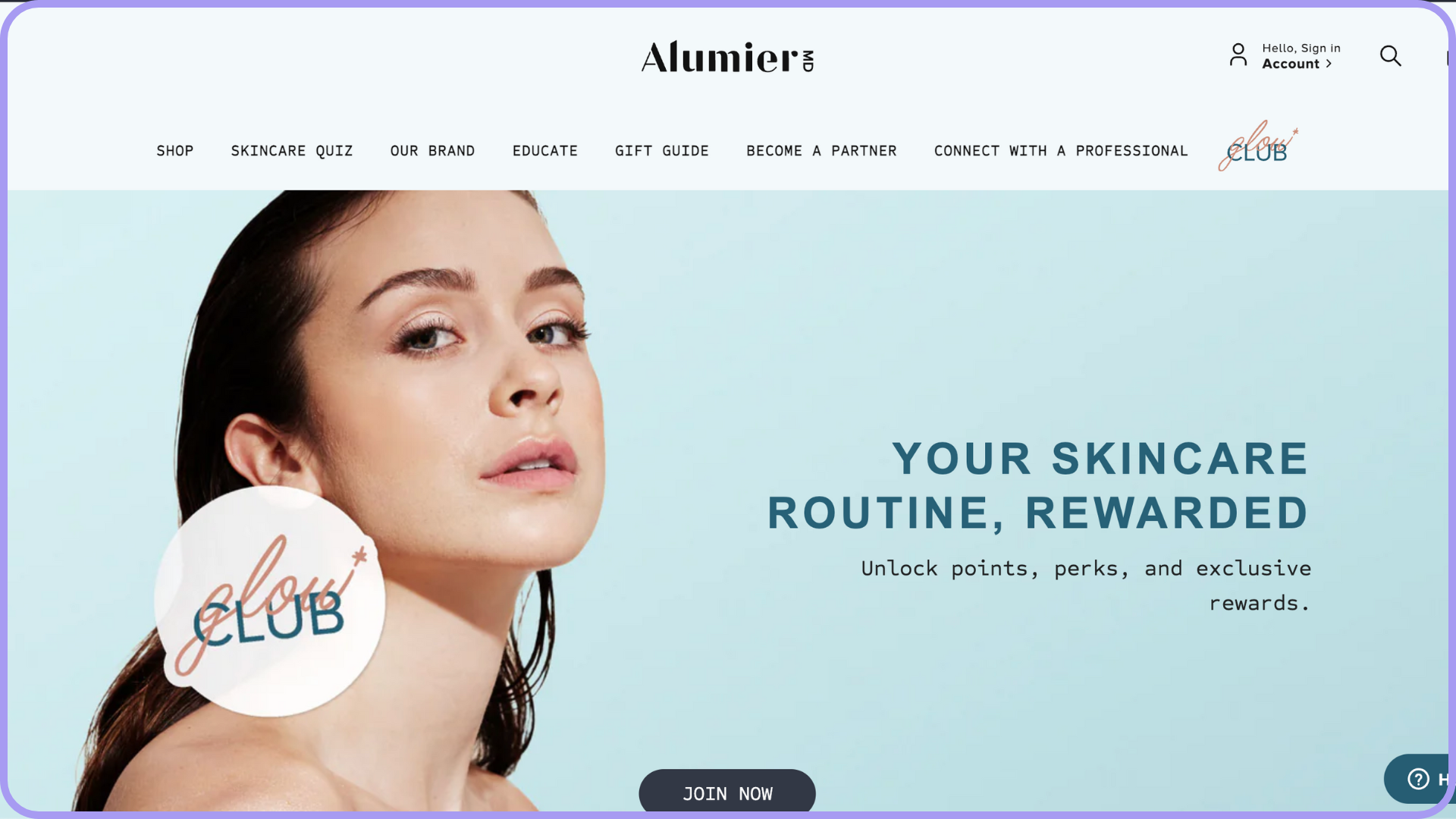 A woman with clear skin and brown hair is featured on a skincare website homepage, with text promoting skincare routines and rewards. The website has a navigation bar with options like shop, quiz, brand, educate, gift guide, and membership. The logo reads "Alumier MD" at the top.