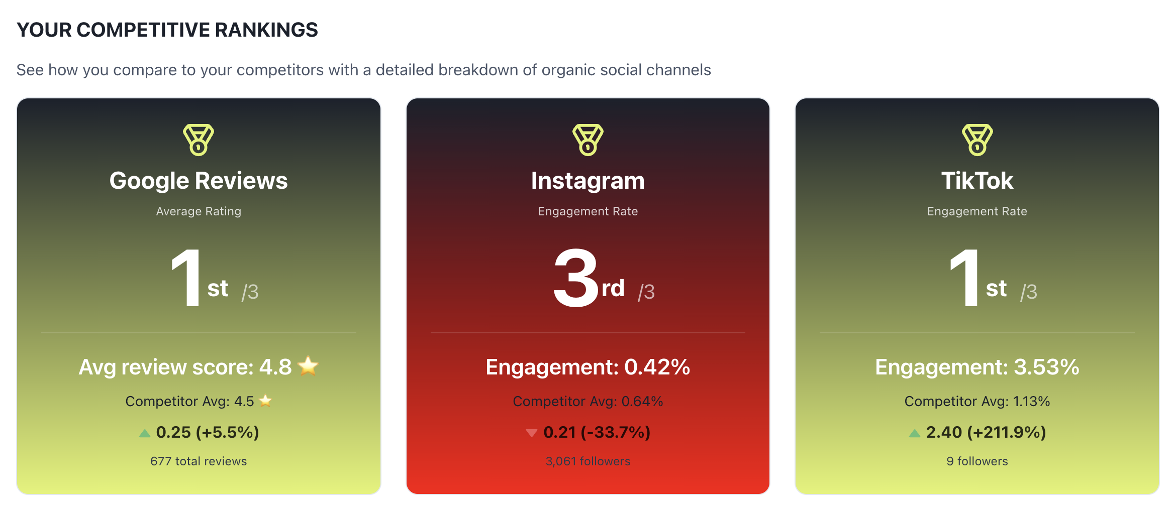Comparison of three social media metrics: Google Reviews, Instagram, and TikTok. Google Reviews shows a first-place ranking with an average rating of 4.8 from 677 reviews. Instagram has a third-place ranking with an engagement rate of 0.42% and 3,061 followers. TikTok is in first place with an engagement rate of 3.53% and 9 followers.
