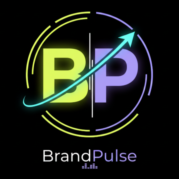 Logo for Brand Pulse featuring a circular gauge with an upward arrow, with the letters B and P in neon yellow and purple, and the text "BrandPulse" below.