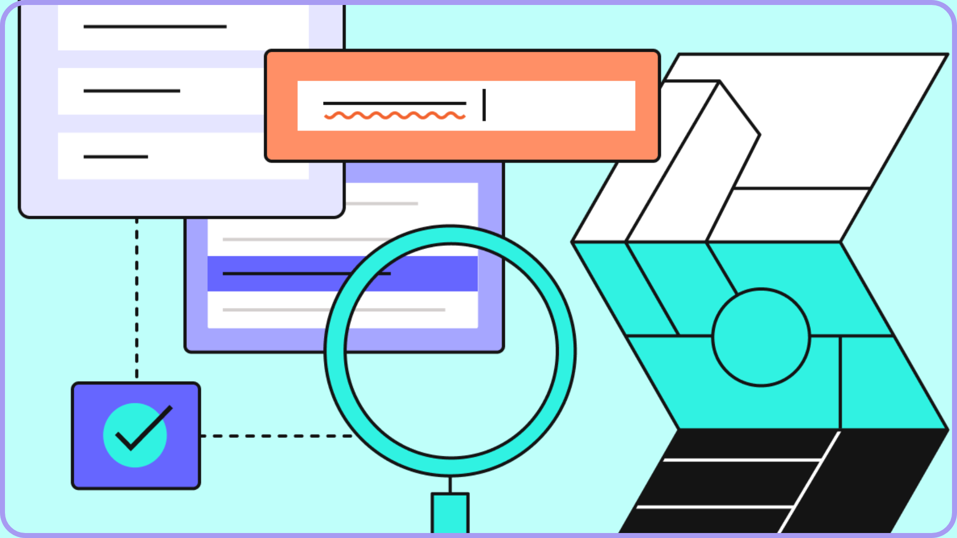 Abstract illustration of data analysis and organization. Features overlapping charts, a magnifying glass, a checkmark, and 3D blocks, all in pastel colors.