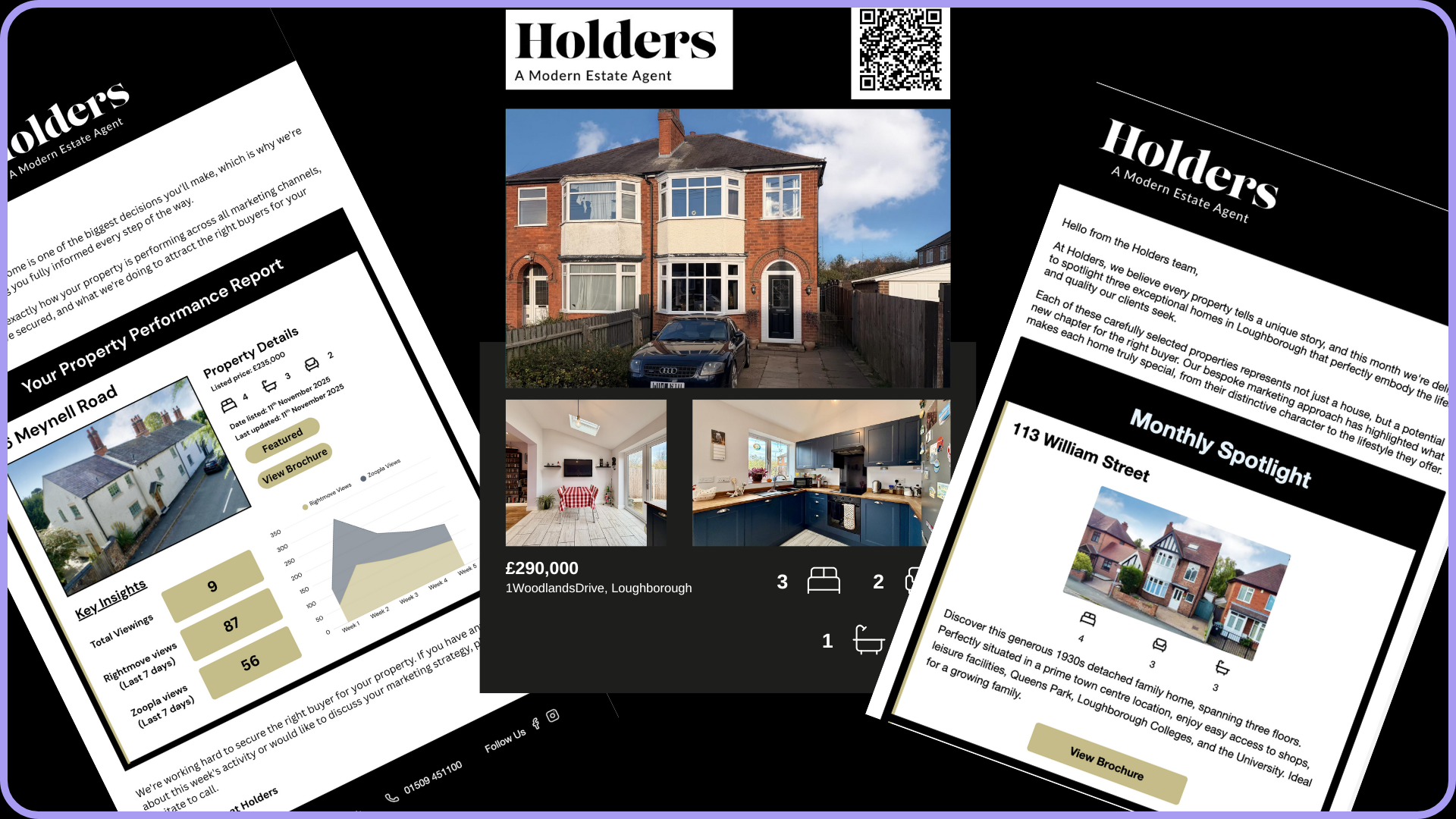 Real estate flyer promoting a property on Woodlands Drive in Loughborough, featuring exterior and interior photos, property details, price, and key insights.