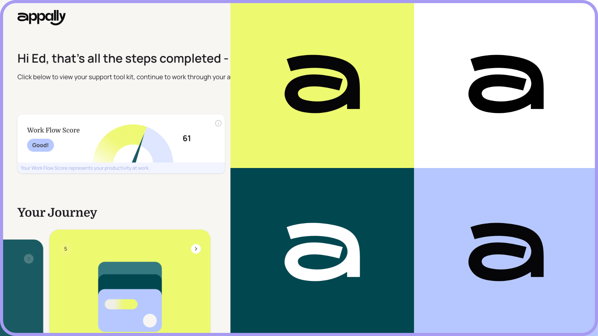 A congratulatory message from Appally to Ed showing a work flow score of 61, indicating good productivity, with a visual circle chart and a journey map with number five, surrounded by large black and white lowercase 'a' icons on colored backgrounds of yellow, dark green, and light blue.