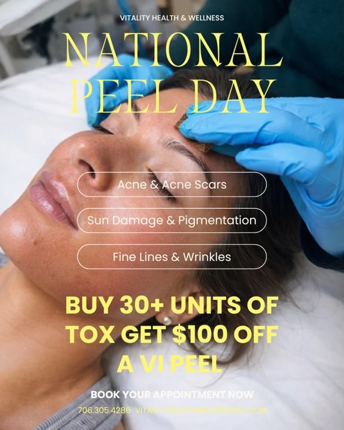 Adding a VI Peel prior to your Neurotoxin Injection boosts wrinkle reduction by 36%, as well as:
- Lifts dark spots &amp; sun damage
- Smooths fine lines &amp; wrinkles
- Brightens and evens skin tone
- Promotes skin elasticity.  Valid until 3/31/26!
